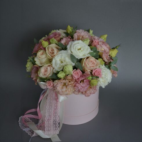 Luxury pastel flower box with roses and lisianthus in a blush pink hat box, soft pink and cream floral arrangement with ribbon, Toronto flower delivery