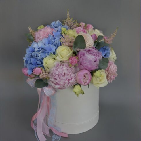 Luxury pastel flower box with pink peonies, blue hydrangeas, blush roses and seasonal flowers in a white hat box with ribbon, Toronto and GTA flower delivery