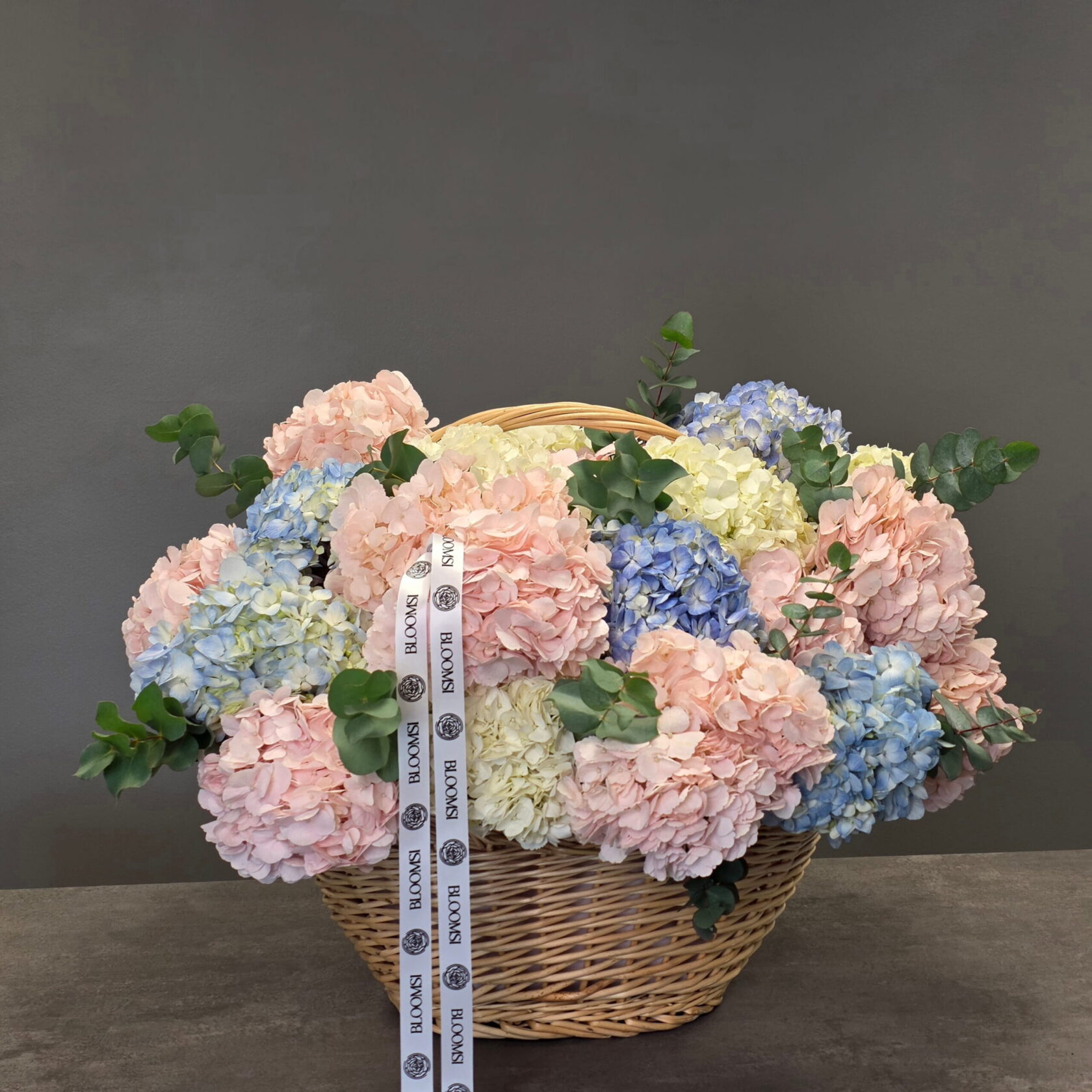 Pastel Hydrangea Harmony – Luxury Flower Basket