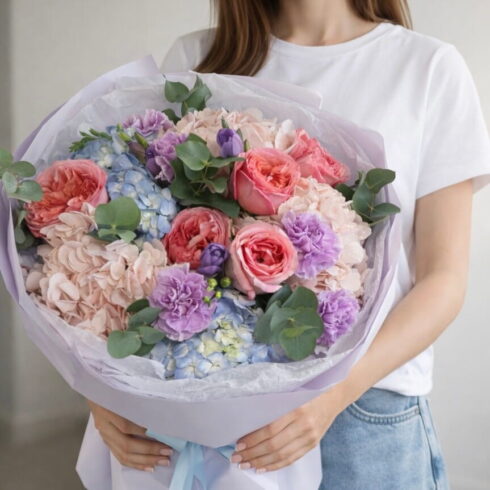 Luxury colorful bouquet with garden roses, hydrangeas and lavender carnations by BLOOMSI