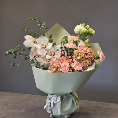 luxury orchid bouquet Oakville florist BLOOMSI white orchids and hydrangea designer bouquet Canada modern pastel orchid flower arrangement elegant orchid bouquet same day delivery Oakville