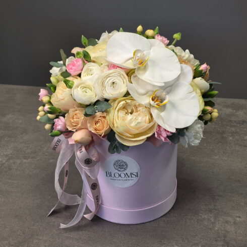 Blush Orchid luxury flower box with white orchids and premium garden roses by BLOOMSI