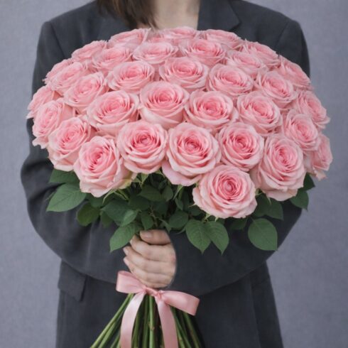 Premium O’Hara pink garden roses hand-tied bouquet with ribbon by BLOOMSI
