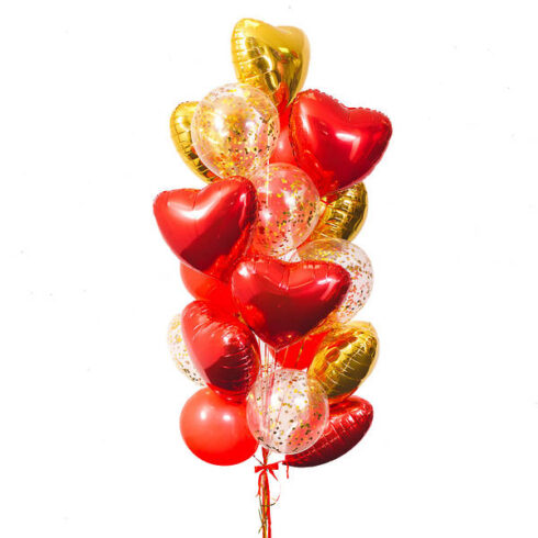 Luxury red and gold heart balloon bouquet Toronto with confetti balloons