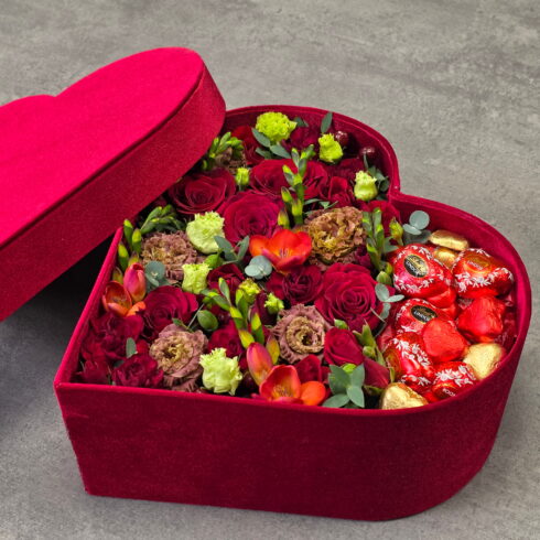 Luxury red heart flower box with roses and chocolates by BLOOMSI Canada