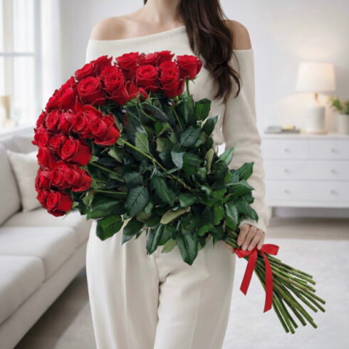 36 premium red long stem roses (90 cm) bouquet with ribbon, elegant luxury flowers