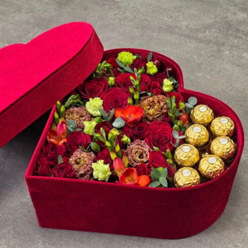 Luxury red heart flower box with roses and Ferrero Rocher chocolates for delivery in Oakville and Mississauga