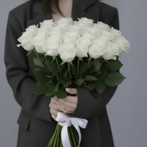 Premium white roses hand-tied bouquet with satin ribbon by BLOOMSI
