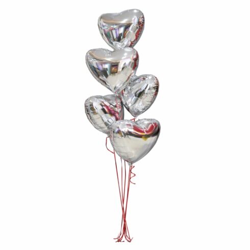 Silver heart foil balloon bouquet with helium, elegant party decoration, Oakville Toronto GTA delivery