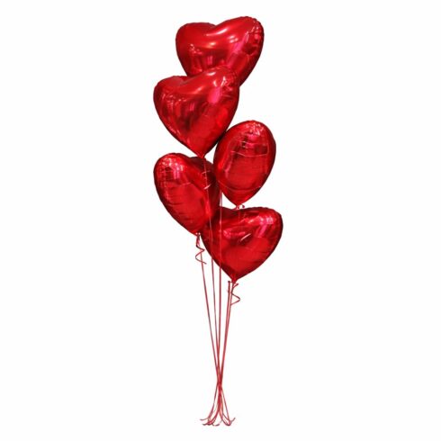 Bouquet of 5 red heart foil helium balloons with ribbon, romantic balloon decoration GTA delivery