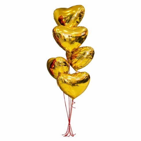 Bouquet of 5 gold heart foil helium balloons with ribbon, luxury balloon decoration GTA delivery