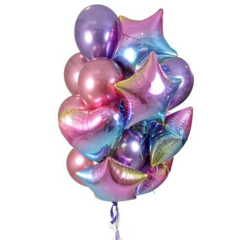 Pastel chrome helium balloons bouquet with foil stars and hearts, luxury balloons Toronto GTA