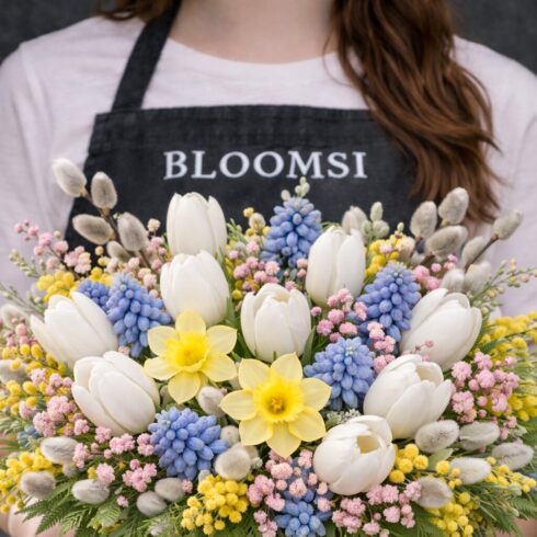 Spring flowers bouquet with tulips, daffodils and muscari by BLOOMSI florist in Oakville and Mississauga