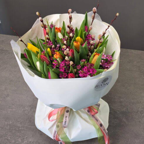 Spring tulip bouquet with waxflower and pussy willow by BLOOMSI in Oakville and Mississauga