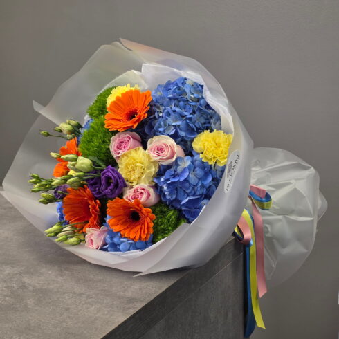dopamine burst colorful flower bouquet with hydrangea gerbera roses BLOOMSI Oakville Mississauga flower delivery