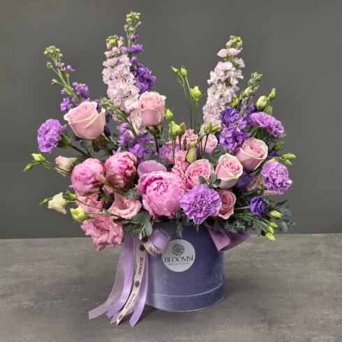 purple luxury flower box with peonies and roses BLOOMSI Oakville Mississauga same day delivery