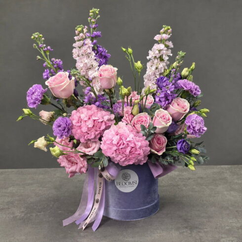 Purple Luxury Flower Box with pink hydrangeas, lavender roses, stock flowers and premium seasonal blooms in Oakville & Mississauga by BLOOMSI