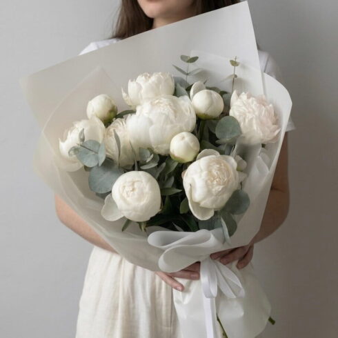White peony bouquet with eucalyptus for flower delivery in Oakville and Mississauga