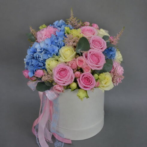 Pastel Dreams Luxury Flower Box with pink roses, blue hydrangeas, white roses and pastel blooms by BLOOMSI in Oakville and Mississauga