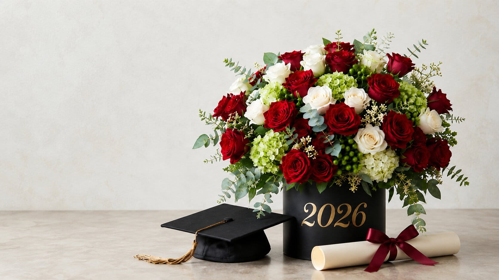 Prom & Graduation Flowers 2026 luxury flower arrangement with graduation cap by BLOOMSI in Oakville and Mississauga