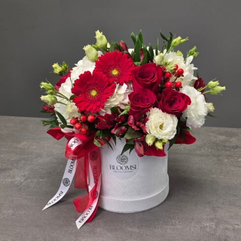 Ruby Elegance luxury flower box with premium red roses and seasonal flowers for delivery in Oakville and Mississauga