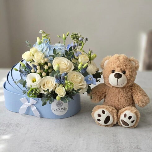 Luxury baby boy flower box with teddy bear and blue flowers for delivery in Oakville and Mississauga