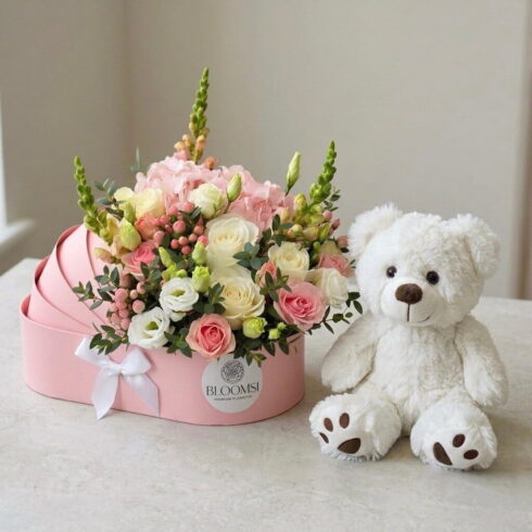 Luxury baby girl flower box with teddy bear and pink flowers for delivery in Oakville and Mississauga