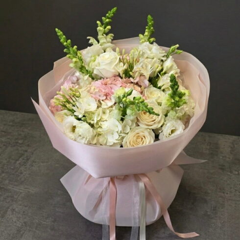 Blush Ivory Garden Bouquet with roses, hydrangeas and seasonal flowers by BLOOMSI