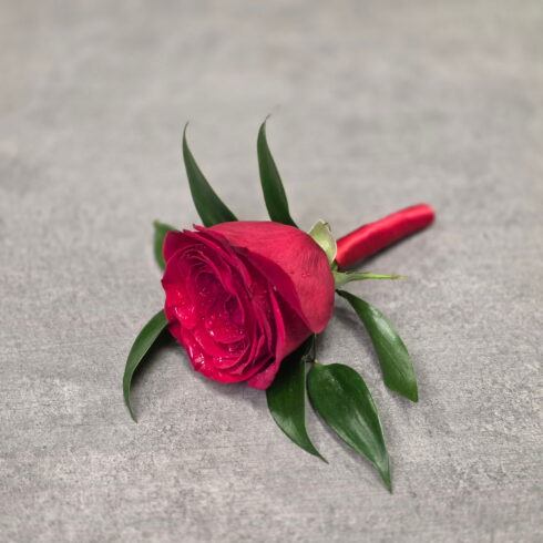 Classic Red Rose Boutonniere with premium red rose and greenery by BLOOMSI
