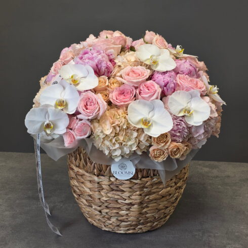 Grand Palais Luxury Flower Basket with white orchids, blush roses, hydrangeas and peonies by BLOOMSI in Oakville and Mississauga