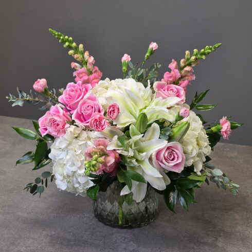 Pink & White Harmony Luxury Vase Arrangement with roses, lilies and hydrangeas by BLOOMSI