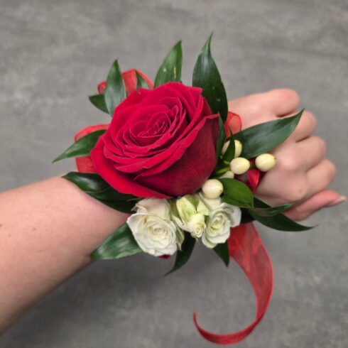 Luxury Red Rose Wrist Corsage with red rose, white spray roses and ribbon by BLOOMSI