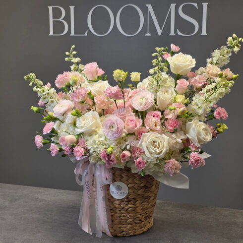 Baby Pink Grand Luxury Flower Basket with pink and white roses, hydrangeas and ranunculus in Oakville and Mississauga