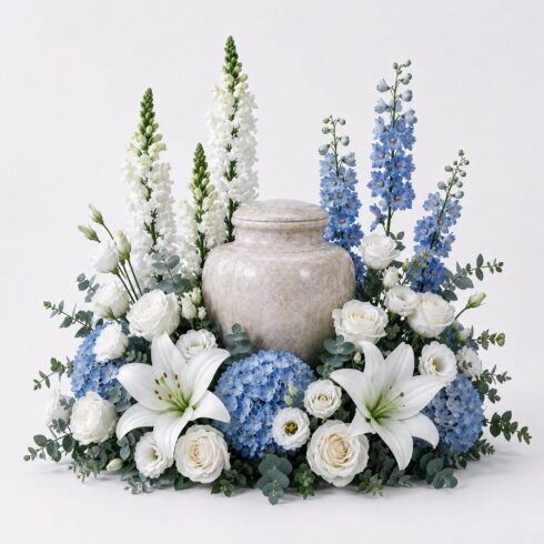 Luxury blue and white urn flower arrangement with hydrangeas white roses lilies and delphinium by Bloomsi