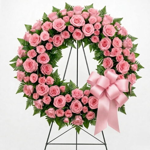 Luxury Pink Rose Funeral Wreath with premium roses, greenery and pink ribbon by Bloomsi