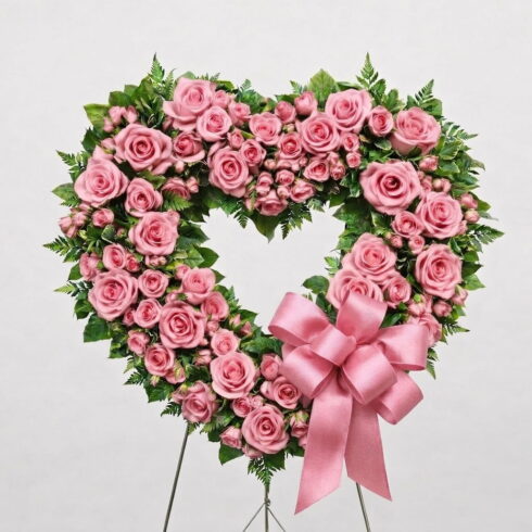 Luxury Pink Rose Heart Wreath with premium roses, greenery and pink ribbon by Bloomsi