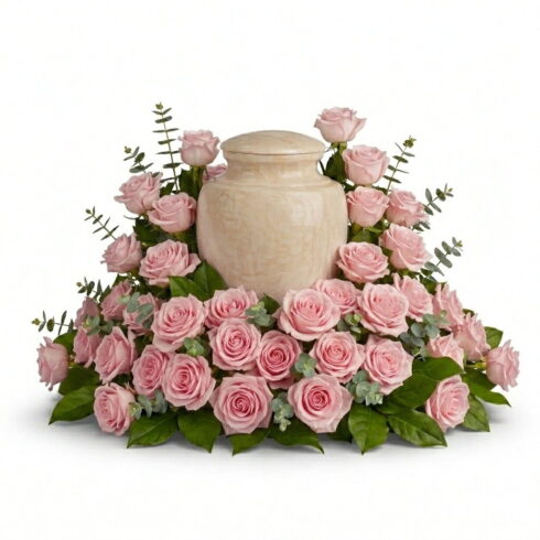 Luxury pink rose urn flower arrangement with eucalyptus and greenery by Bloomsi