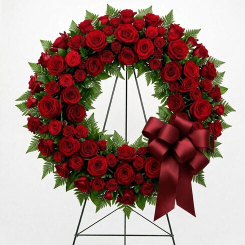 Luxury Red Rose Funeral Wreath with premium roses, greenery and deep red ribbon by Bloomsi