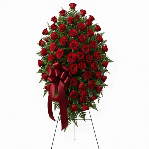 Luxury red rose standing spray with premium roses greenery and deep red ribbon by Bloomsi