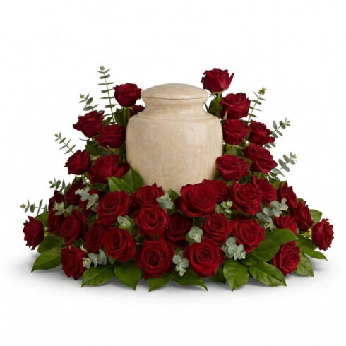 Luxury red rose urn flower arrangement with eucalyptus and greenery by Bloomsi