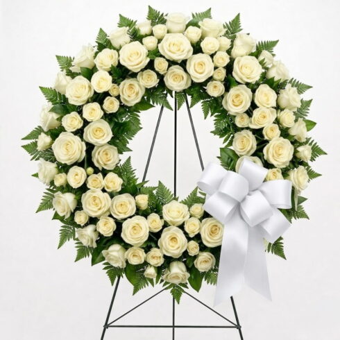 Luxury White Rose Funeral Wreath with premium roses, greenery and white ribbon by Bloomsi