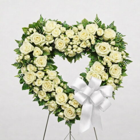 Luxury White Rose Heart Wreath with premium roses, greenery and white ribbon by Bloomsi