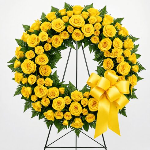 Luxury Yellow Rose Funeral Wreath with premium roses, greenery and yellow ribbon by Bloomsi