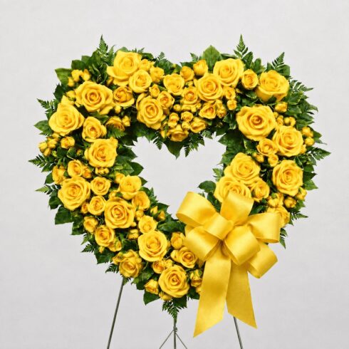 Luxury Yellow Rose Heart Wreath with premium roses, greenery and yellow ribbon by Bloomsi