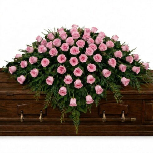 Pink Rose Casket Spray with premium roses and cascading greenery by Bloomsi