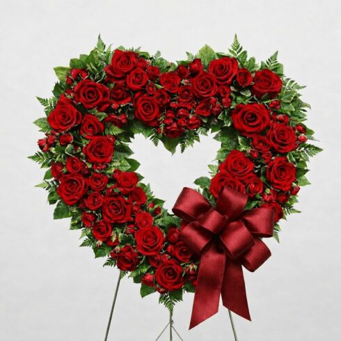 Red Rose Heart Wreath with premium roses, greenery and deep red ribbon by Bloomsi