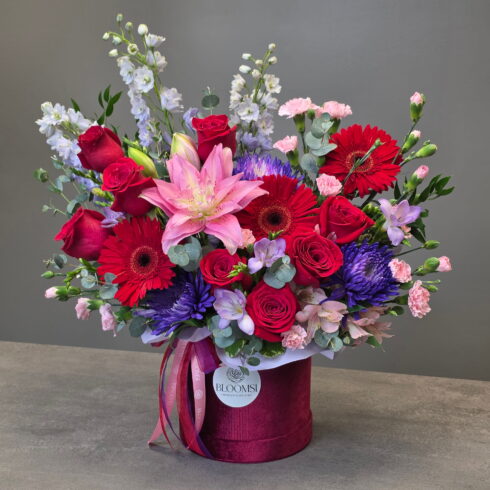 Royal Romance Luxury Flower Box with red roses, gerberas, pink lilies and purple flowers in Oakville and Mississauga