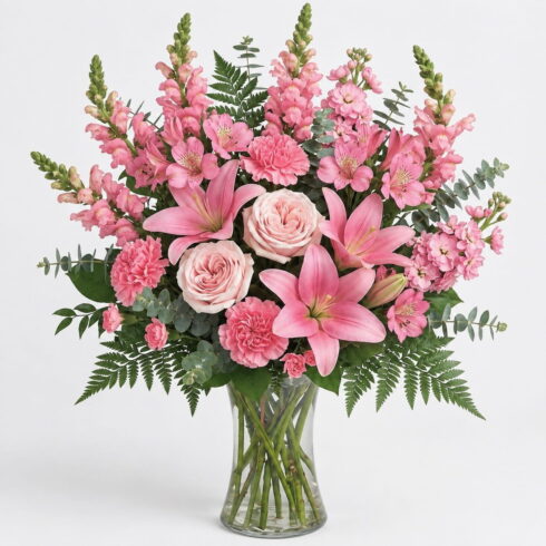 Luxury pink funeral vase arrangement with pink lilies blush roses carnations eucalyptus and greenery by Bloomsi