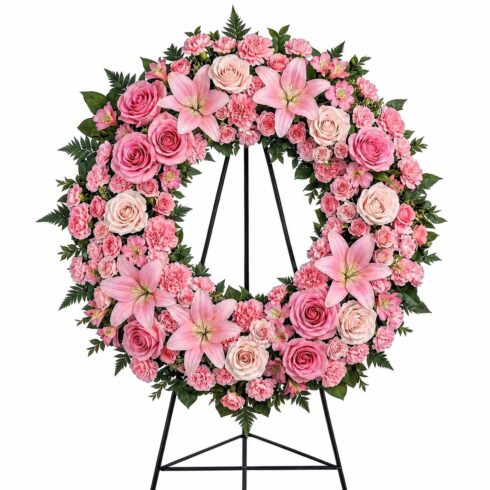 Luxury pink funeral wreath with pink lilies roses carnations and greenery by Bloomsi