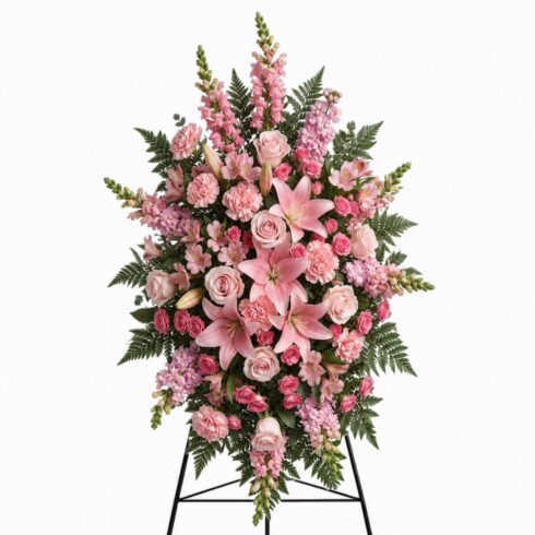 Luxury pink standing spray with pink lilies blush roses carnations and greenery by Bloomsi